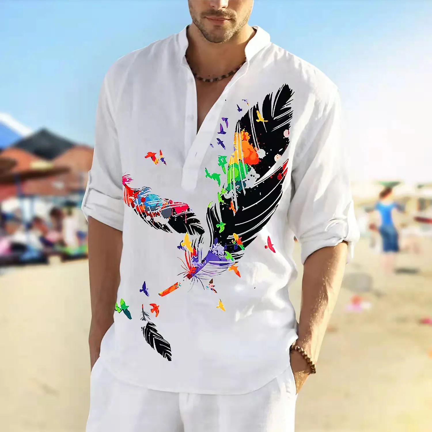 New Spring Summer Men Linen Shirt Color Ink Tops Casual Streetwear Turn-down Collar Button Long Sleeve Pullover Shirt Blouse