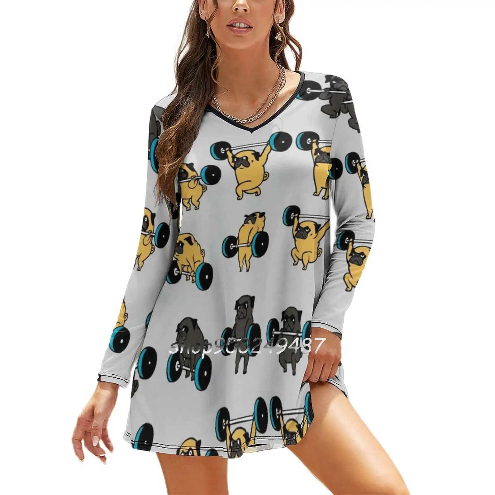

Lifting Pugs Elegant Party Women Dress Slim V Neck Long Sleeve Dress Casual Dresses Lifting Pug Workout