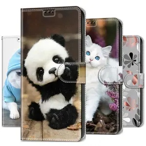 Cute Ultra Thin Painted Book Case For Samsung Galaxy S22 S21 Ultra S20 FE S10 Plus S8 Cat Panda Man 