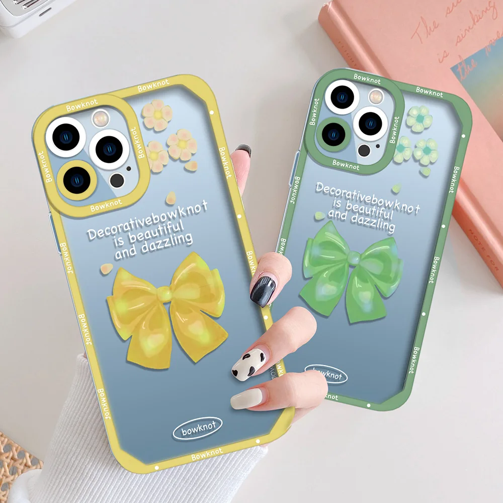 

INS Fashion Bowknot Soft Phone Case for iPhone 13 12 Mini 11 Pro Max XS X XR 7 8 Plus SE 2020 Transparent Back Cover Capa Shells