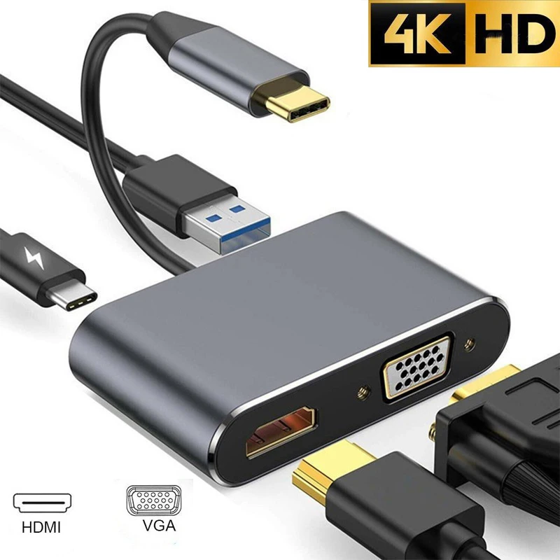 Адаптер 4 в 1, переходник с USB C HDMI Type c на HDMI 4K, VGA, USB 3,0, аудио и видео конвертер PD, быстрое зарядное устройство 87 Вт