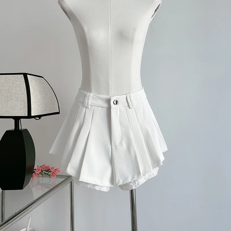 Women's Lace Patchwork Short Summer Chic Solid Color High Waist Pleated Shorts Lady Streetwear Short Pants