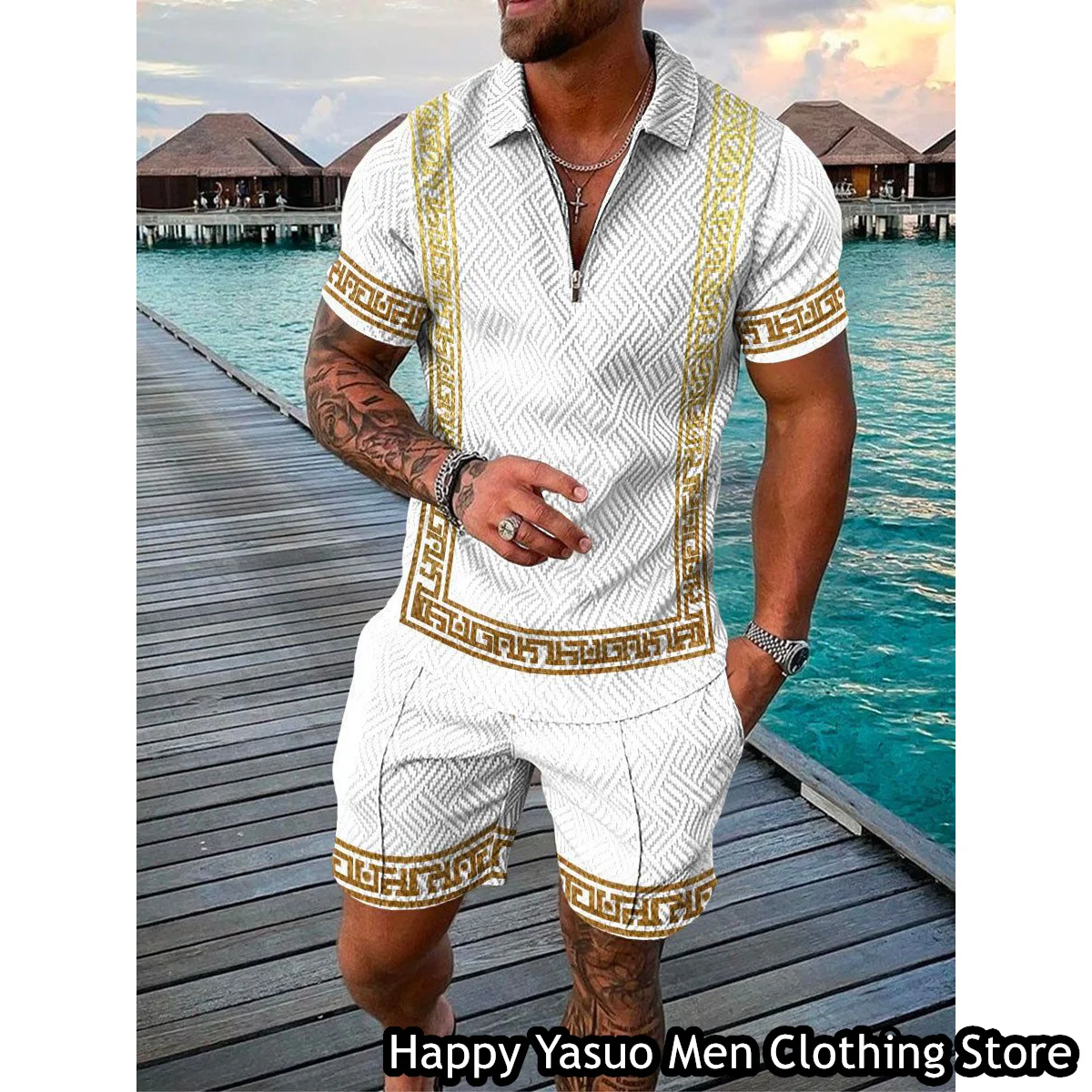 Luxury Summer Set Of Polo Shirt For Men 2 Pieces Vintage Tiger Tracksuit Casual Outfit High-End Short Sleeve Zipper Clothing