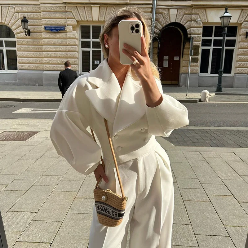 Winter Women Elegant Lantern Sleeves Two Piece Sets Leisure Loose Cropped Coat And Wide Leg Pants Suit Chic Office Lady Outfits