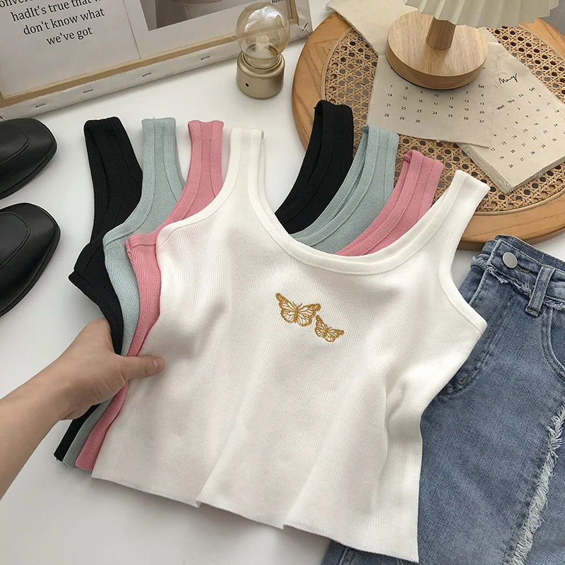 

Sleeveless Cami White Pullover Tees Sexy Knitted Korean Tshirt Sueter Mujer Ribbed Basic Black Jumpers Cropped Striped Girl Tops