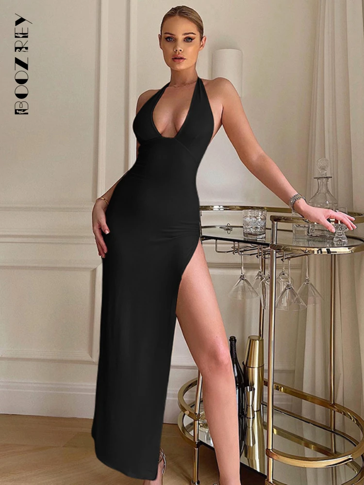 

BoozRey Open Back Elagnt Women Evening Deep V Sleeveless Solid Halter Maxi Dress Club Party Split Dresses 2022 Spring Summer New