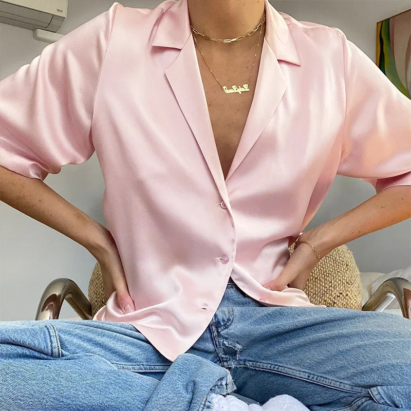 

Summer Women Button Short Sleeve Satin Solid Suit Shirt Street Wear Elegant Slim Fit Femme Vintage Tops Pink Office Work Blouses