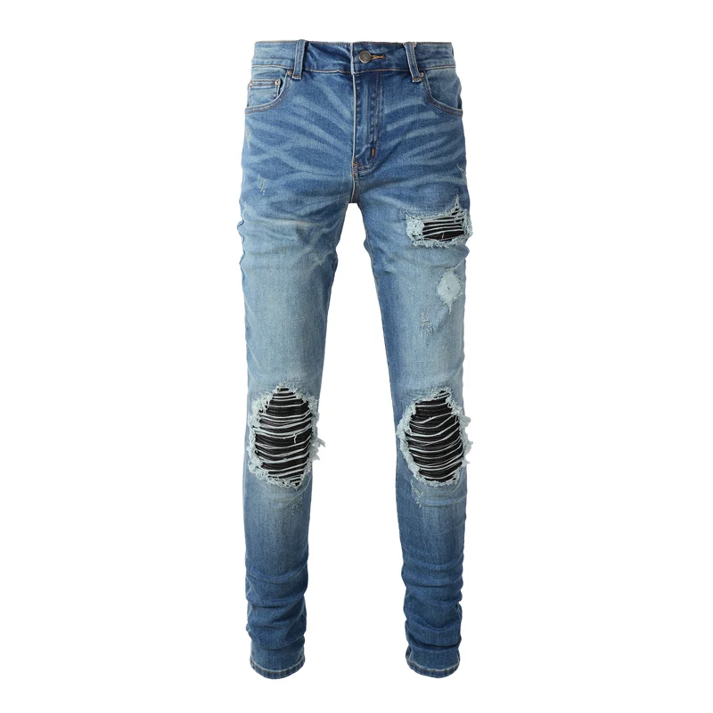Street Fashion Men Jeans Black Color Elastic Stretch Slim Fit Ripped Jeans Men Leather Patch Designer Hip Hop Brand Pants Hombre