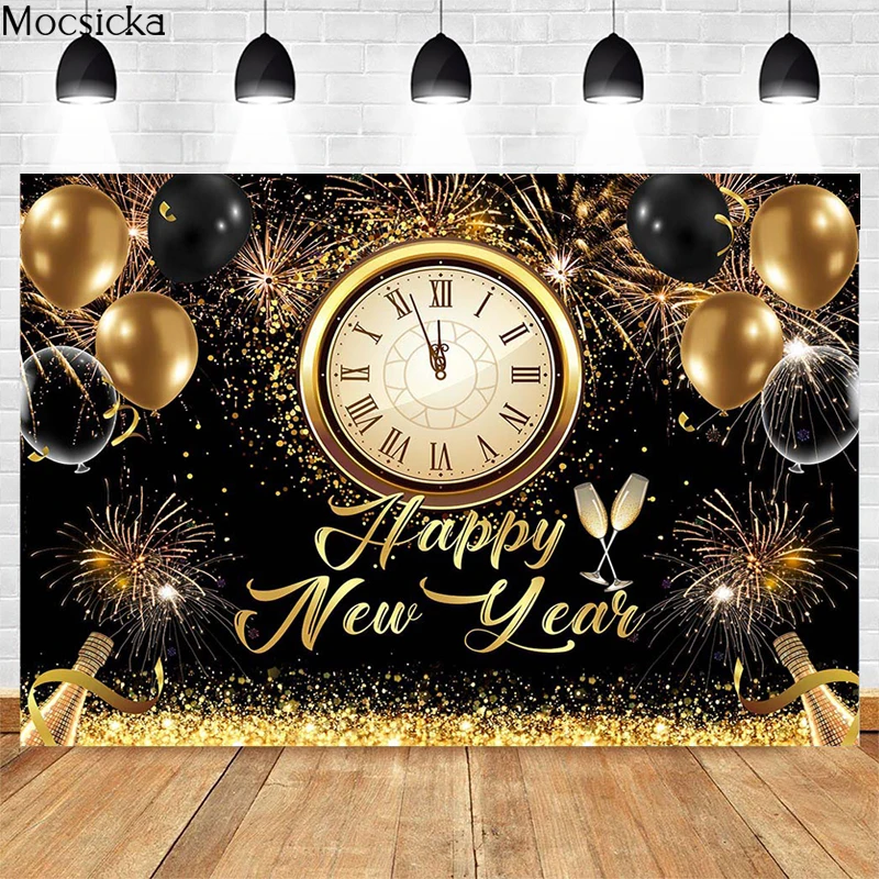 

Mocsicka Happy New Year Background Fireworks Balloon Decor Party Family Photos Golden Watch Backdrops Studio Photography Props
