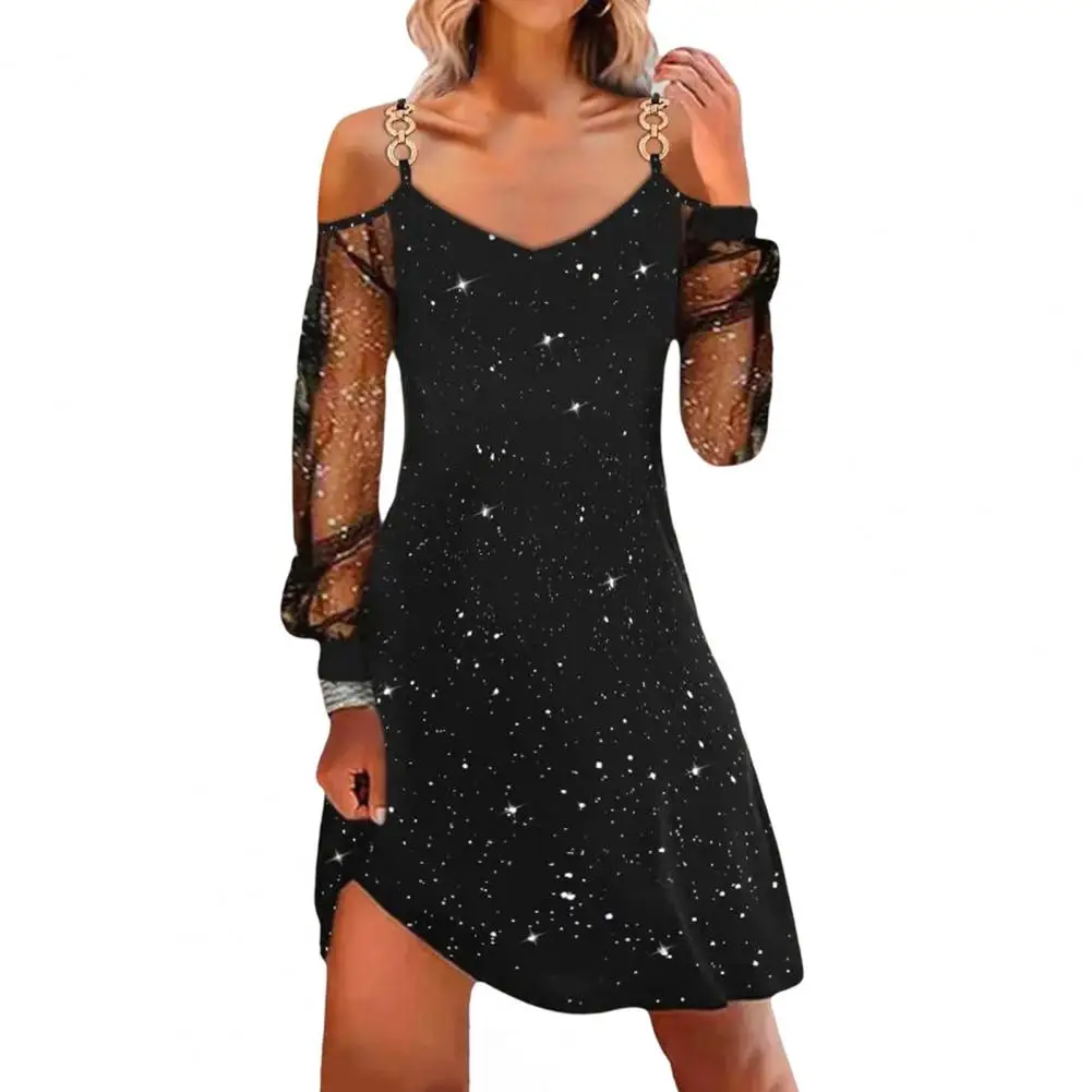 

Элегантное женское платье, прозрачное Сетчатое лоскутное платье с открытыми плечами, V-образным вырезом и длинными рукавами, платье-комбинация до колена, женская одежда