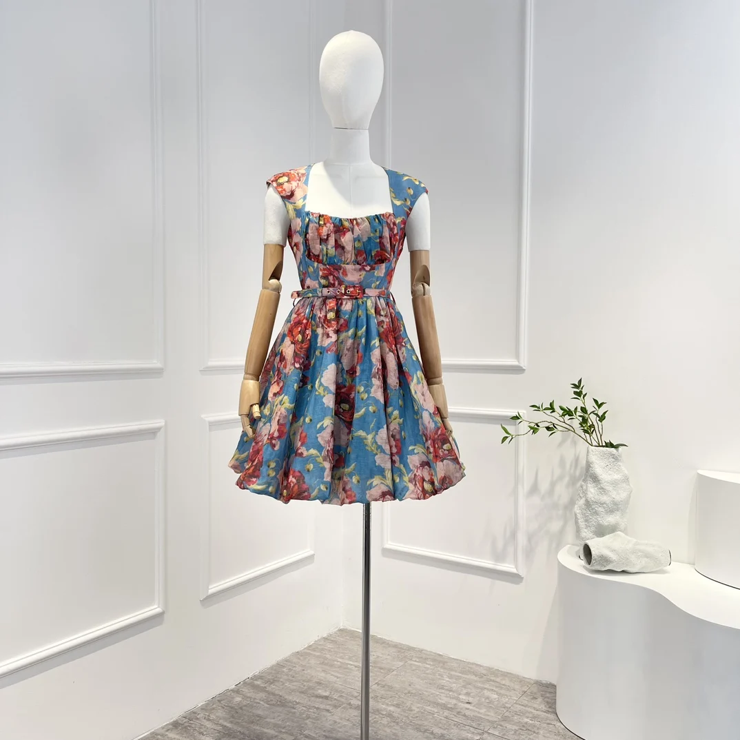 

Vintage Top Quality Linen Silk Red Floral Printing Blue Square Collar High Waist Mini Tank Dresses Women