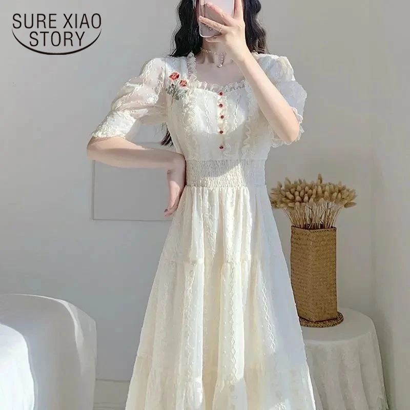 

New Fashion Lace Embroidery Women Dress 2022 Casual Fairy Short Sleeve Evening Party Dress Elegant Summer Dress Robe 22441