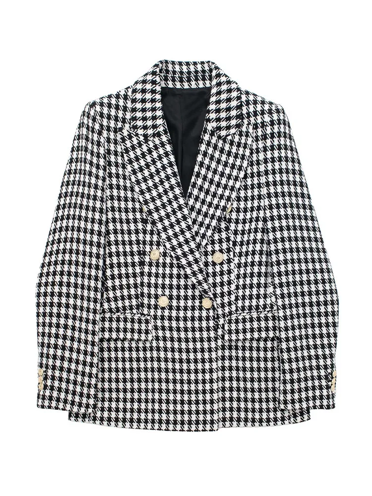 

Women 2022 Autumn New Fashion Houndstooth Double Breasted Blazer Coat Vintage Long Sleeve Pockets Female Outerwear Chic