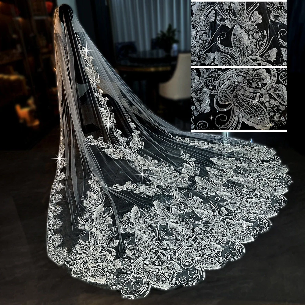 Фото Свадебная фата Mantilla L&P DQL Studio, реальные фотографии, с цветочными аппликациями из бисера, фата для невесты длиной 3*3,5 м. №1