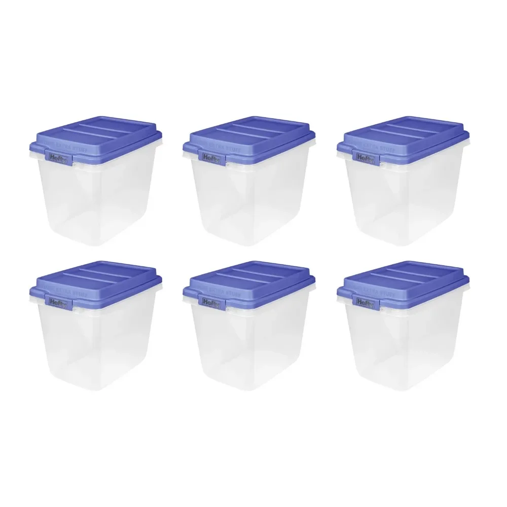 

Hefty 32 Qt. Clear Plastic Storage Bin with Blue HI-Rise Lid, 6 Pack, Storage Containers, Organizer Box