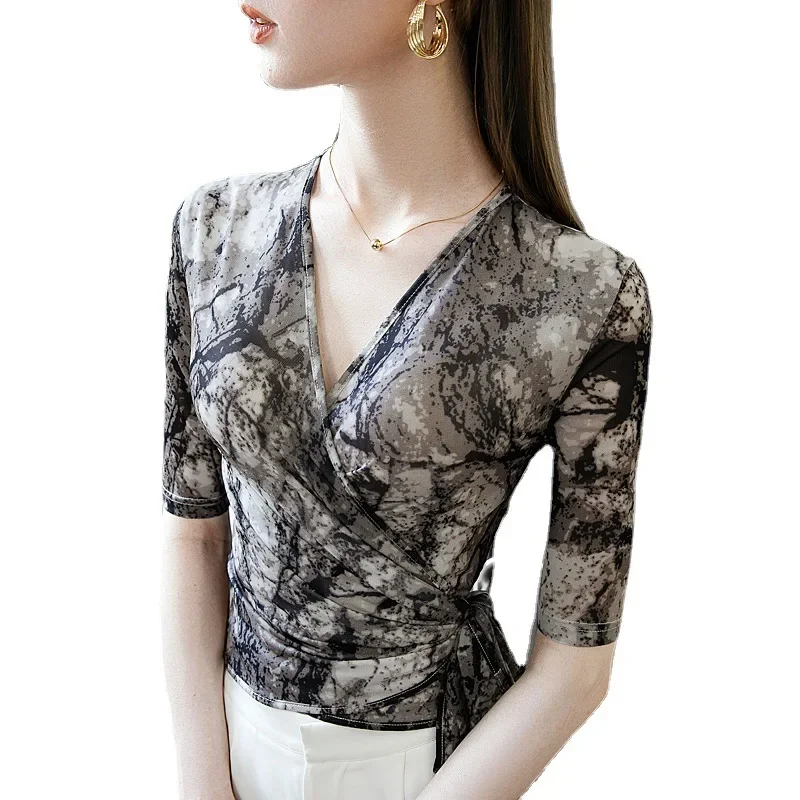Женская блузка с коротким рукавом и принтом Весенняя абстрактным перекрестной