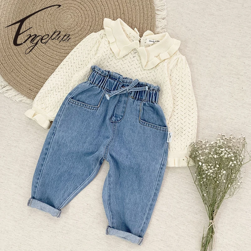 

Детские джинсовые брюки для маленьких девочек, хлопковые мягкие брюки в Корейском стиле с эластичным поясом, демисезонные детские брюки дл...