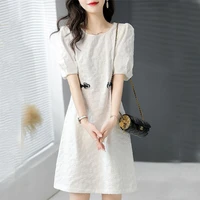 solid color women fashion embroidery dresses 2022 summer new korean elegant short sleeve straight casual dress female clothing