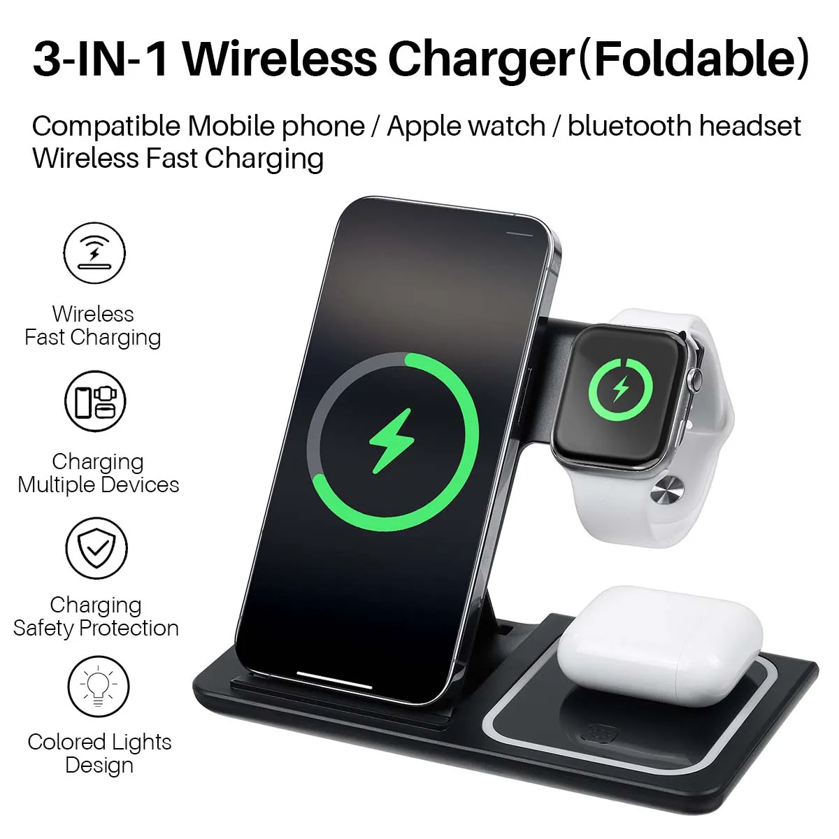 

3 in1 15W Portable Magnetic Wireless Charging Station for Phone Watch Earphones Built-in Light Charger Dock Station Phone Holder