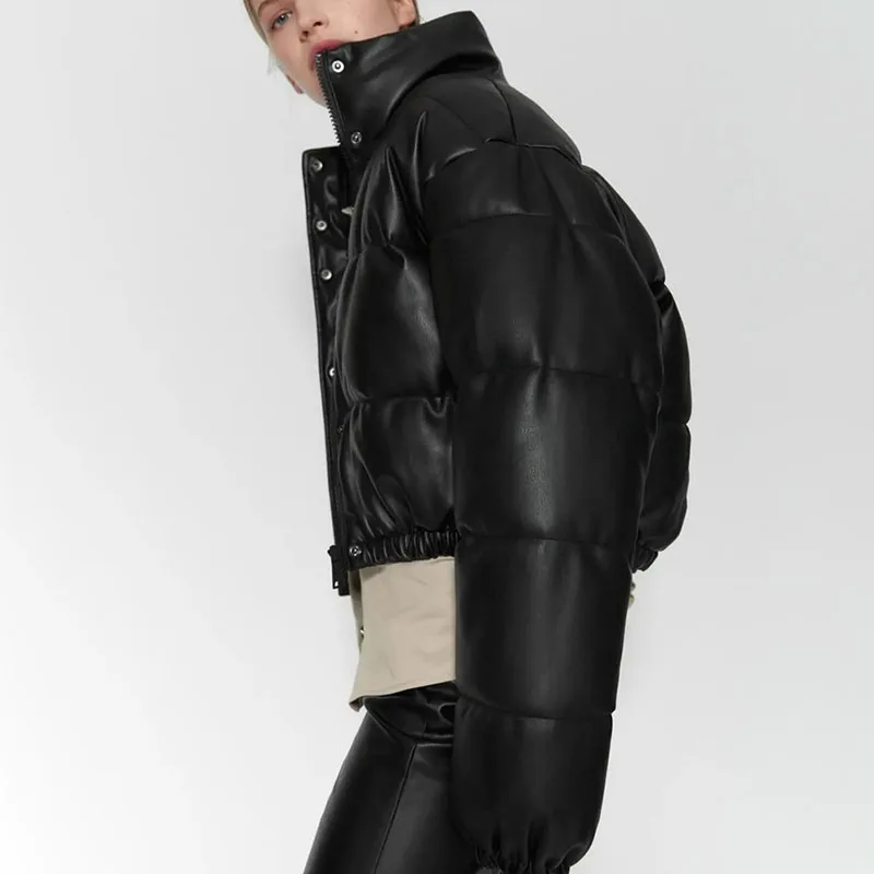 Winter Jacket Women Fashion Casual Solid Color Simple Imitation Leather Cotton Clothing Women's Winter Stand Collar Jacket Coat