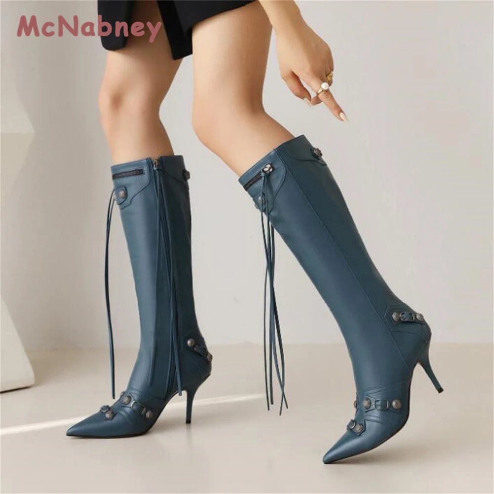 Women New Knee High Boots Slim Tassel Shoes Fashion Sexy Rivet Pointed Toe Stilettos Heels Vintage Metal Buckle Zipper Boots