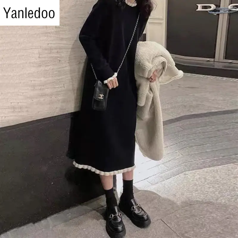 

2022 New Autumn Korean Version Dresses For Women Hepburn Style PATCHWORK Sweater Long Sleeve Bottomed with Black Knitted Dress