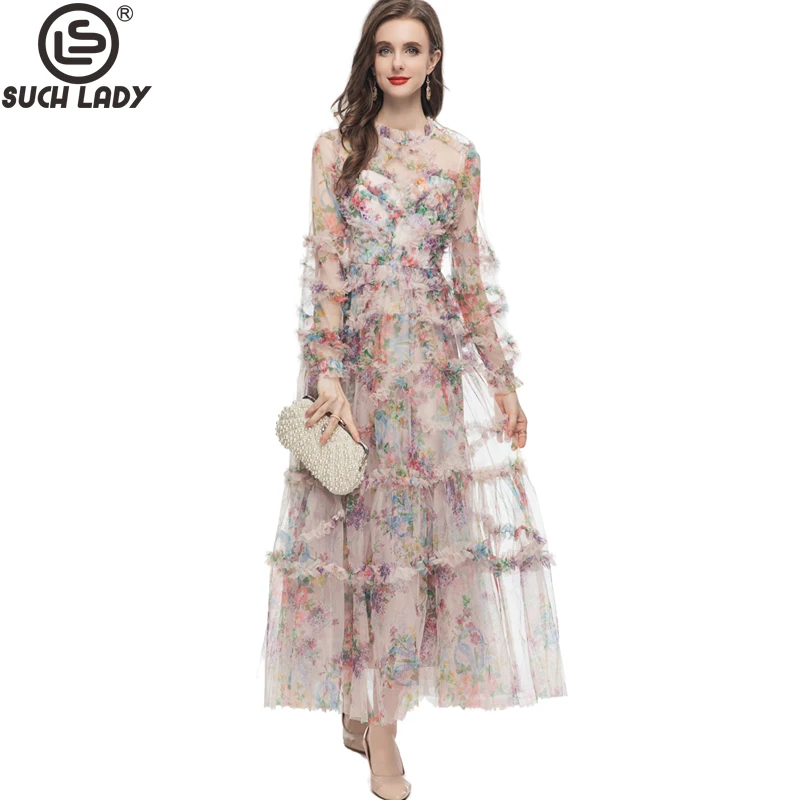 

Женское модельное платье с круглым вырезом, длинным рукавом и принтом в несколько рядов