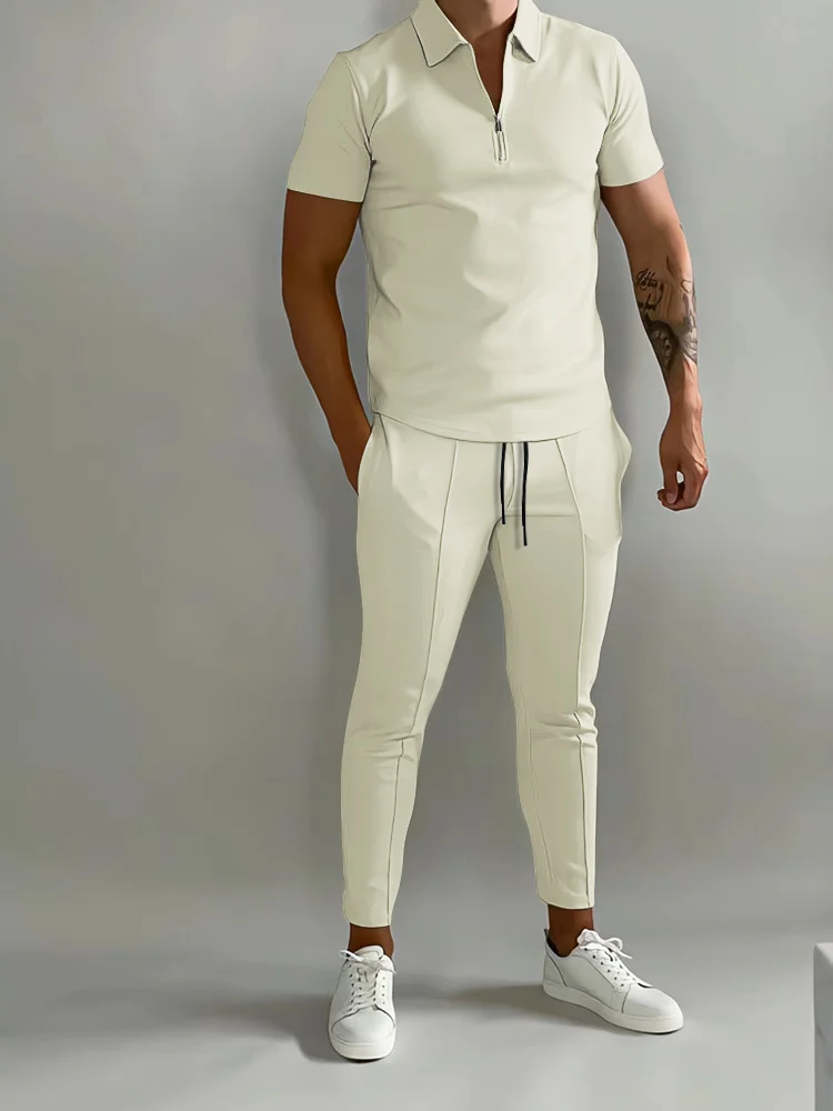 

New Solid Color Men's Suit Summer Casual Sort Sleeve Polo Sirt Calf pants &for Men Streetwear Male tracksuit 2-piece set