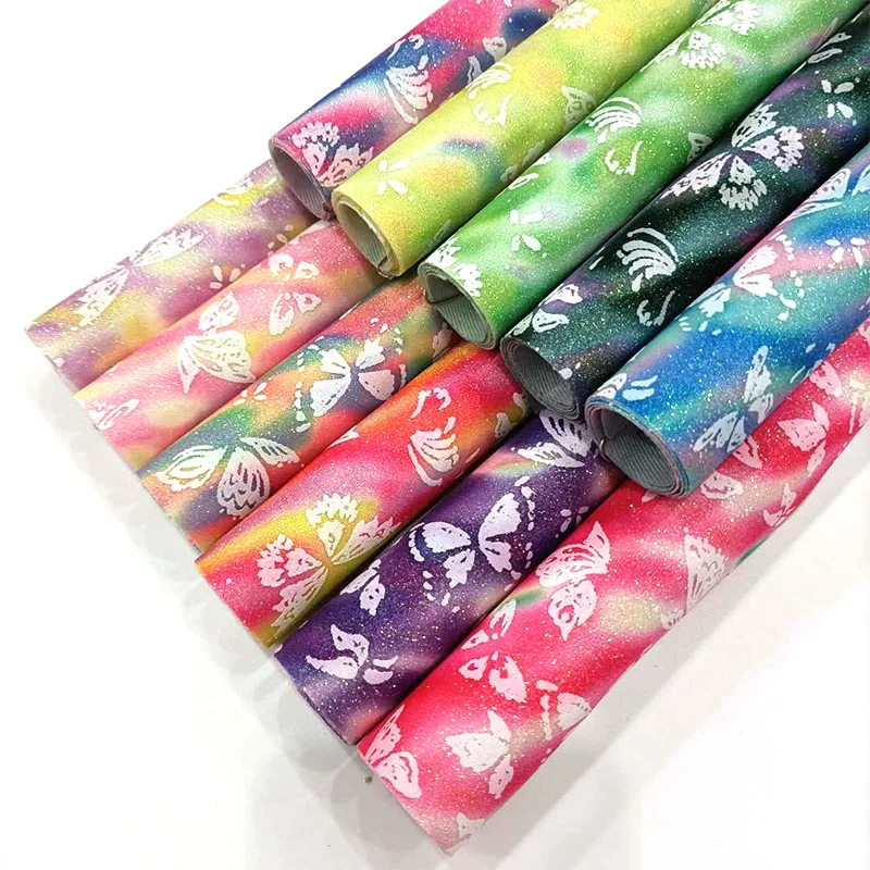 

XHT-1046 Butterfly Printed Rainbow Shiny Pastel Fine Glitter Faux Leather Fabric Sheet for Making Hair Bow/Shoe/Bag/Craft