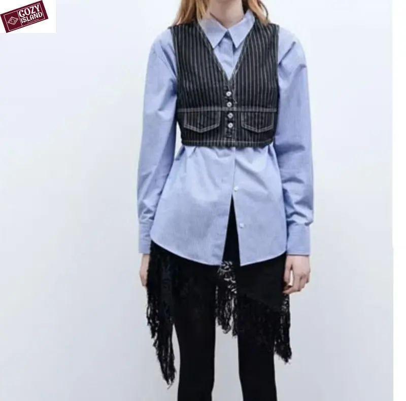 

Spring Striped Denim Short Vest for Women Waistcoat Button-down Jacket Retro Personality Street Vests Slim Sleeveless Cardigans