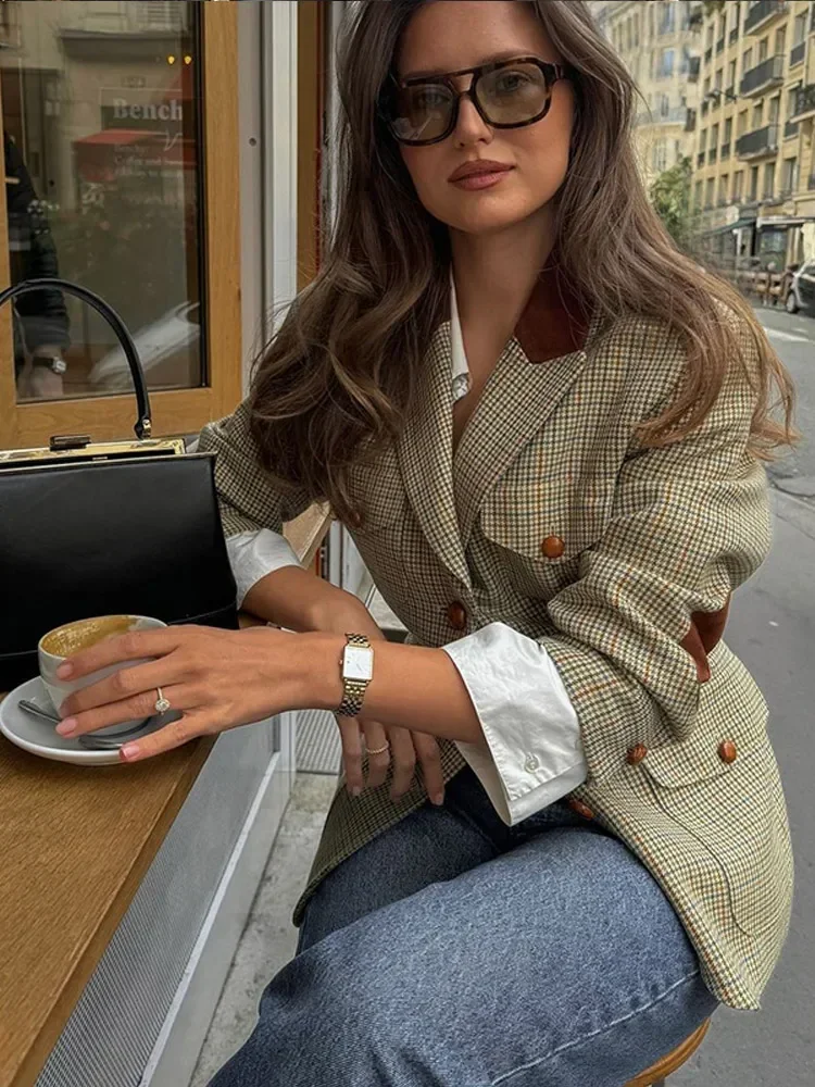 Повседневный женский тонкий клетчатый пиджак шикарный однобортный с отложным