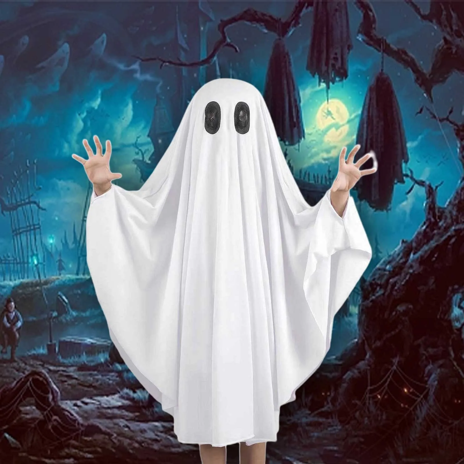 

Cute Kids Halloween Horror Cloak Cape Anime No Face Cosplay Costumes Ghost White Tassels Cloak Unisex Halloween Costume Full Set