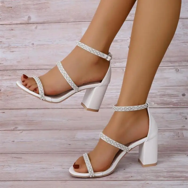 

2022 Summer Fashion Open Toe High Heel Shoes Women Thin Belt Thick Heel Party Ladies Sandals Rhinestone Pumps