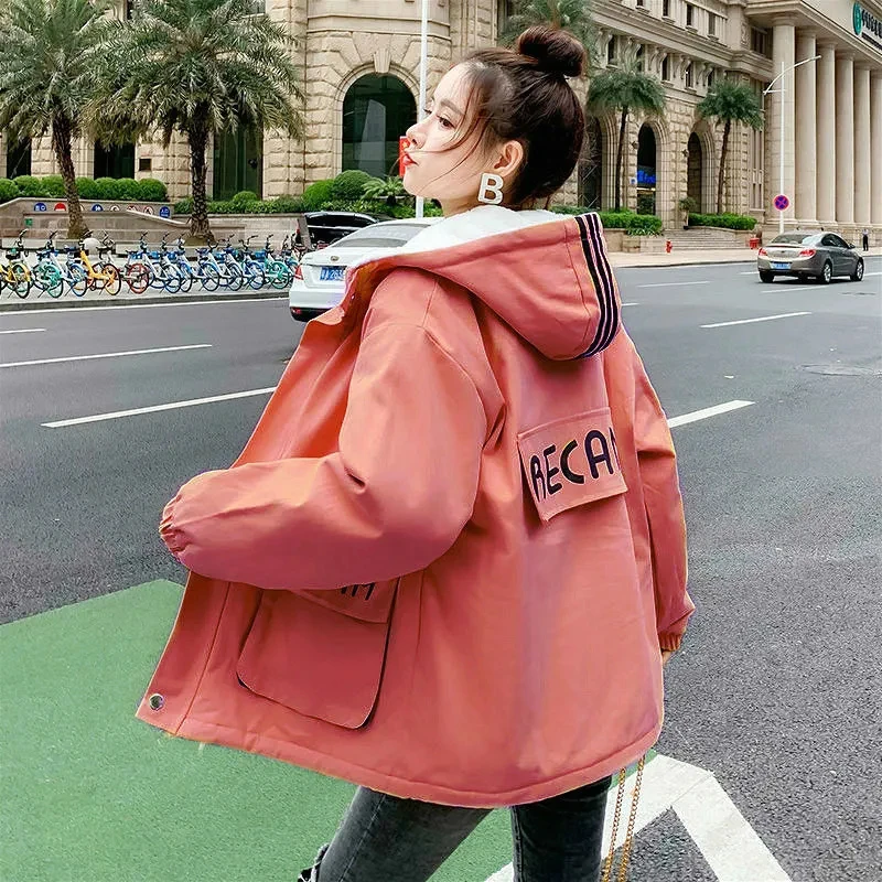 Women Korean Harajuku Hooded Loose Warm Coats Autumn Winter Plus Velvet Thickening Tooling Jackets Pocket Letter Printing Coat