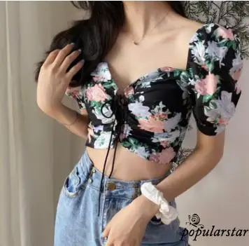 

Popu-Women V Neck Crop Top Fashion Short Puff Sleeve Lace Up Hollow Out Floral Print Shirt