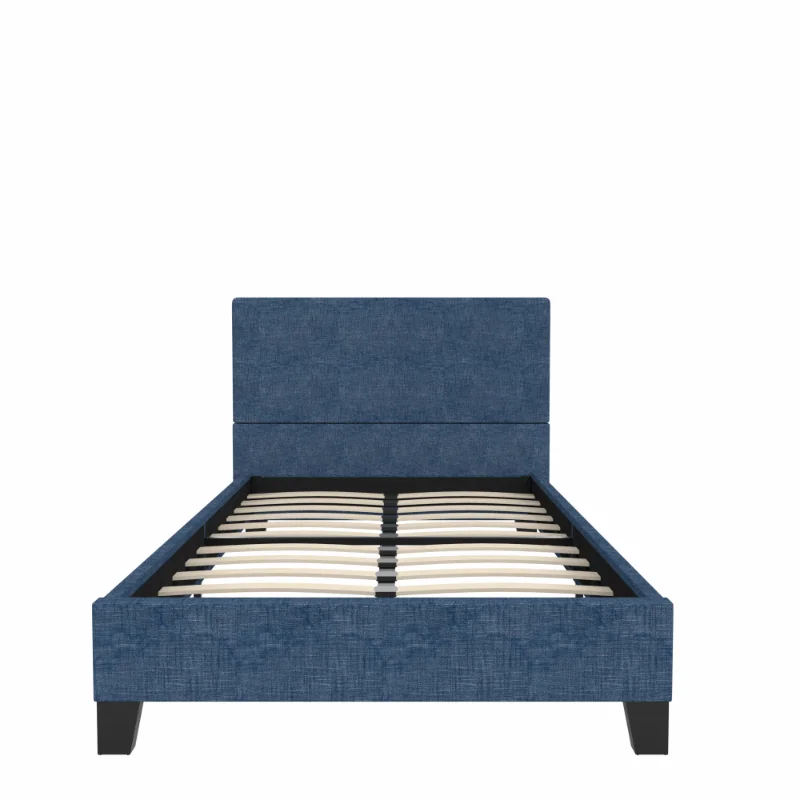 

Dark Blue Twin Size Upholstered Linen Double Platform Bed Contains A Metal Frame and Tufted Square Stitched Fabric Headboard