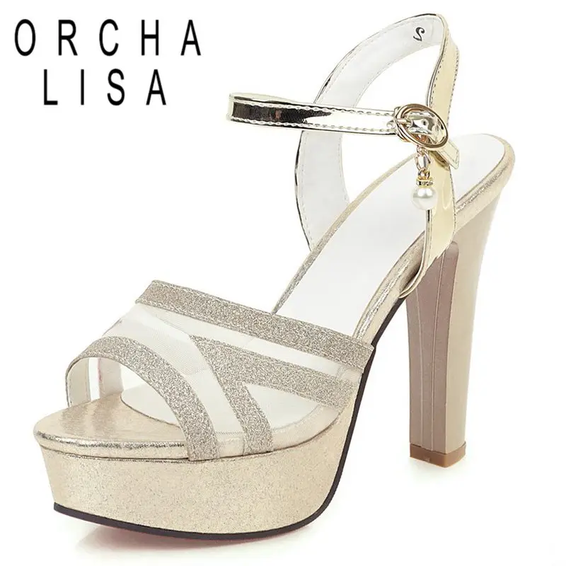 

ORCHA LISA Women Sandals Platform Peep Toe High Heel Mesh Breathable Splice Buckle Strap Pearl Concise Big Size 34-43 S3909