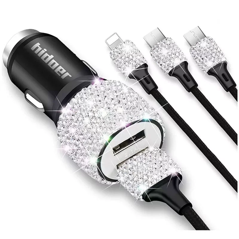 

Bling USB Car Charger 5V 2.1A Dual Port Fast Adapter with Type C Micro USB 3 In 1 Multi Charging Cable for IPhone Ipad Android