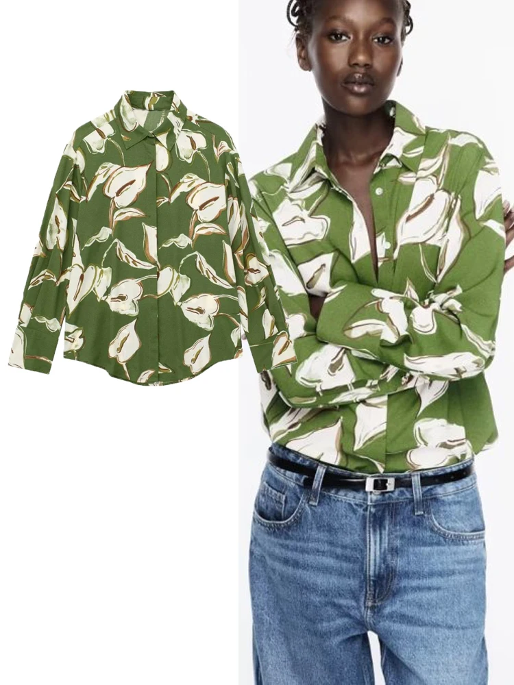 

TRAF 2023 Summer Women Fashion Print louse Woman Casual Long Sleeve Single Breasted Shirts Female Chic Tops Street Outfits