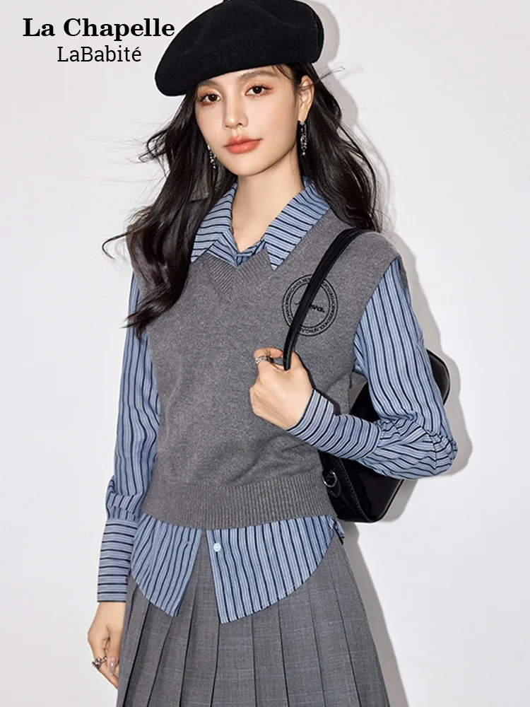 Lababite Sweater vest Shirts Two-piece Set Women's Autumn and Winter Elegant Loose Long sleeve Shirt