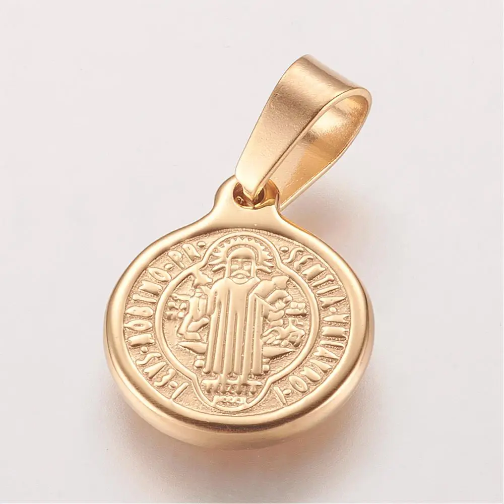 

10PCS Vacuum Plating 304 Stainless Steel Pendants Flat Round with Saint Benedict Medal Golden 16x13x2mm Hole: 4x6mm