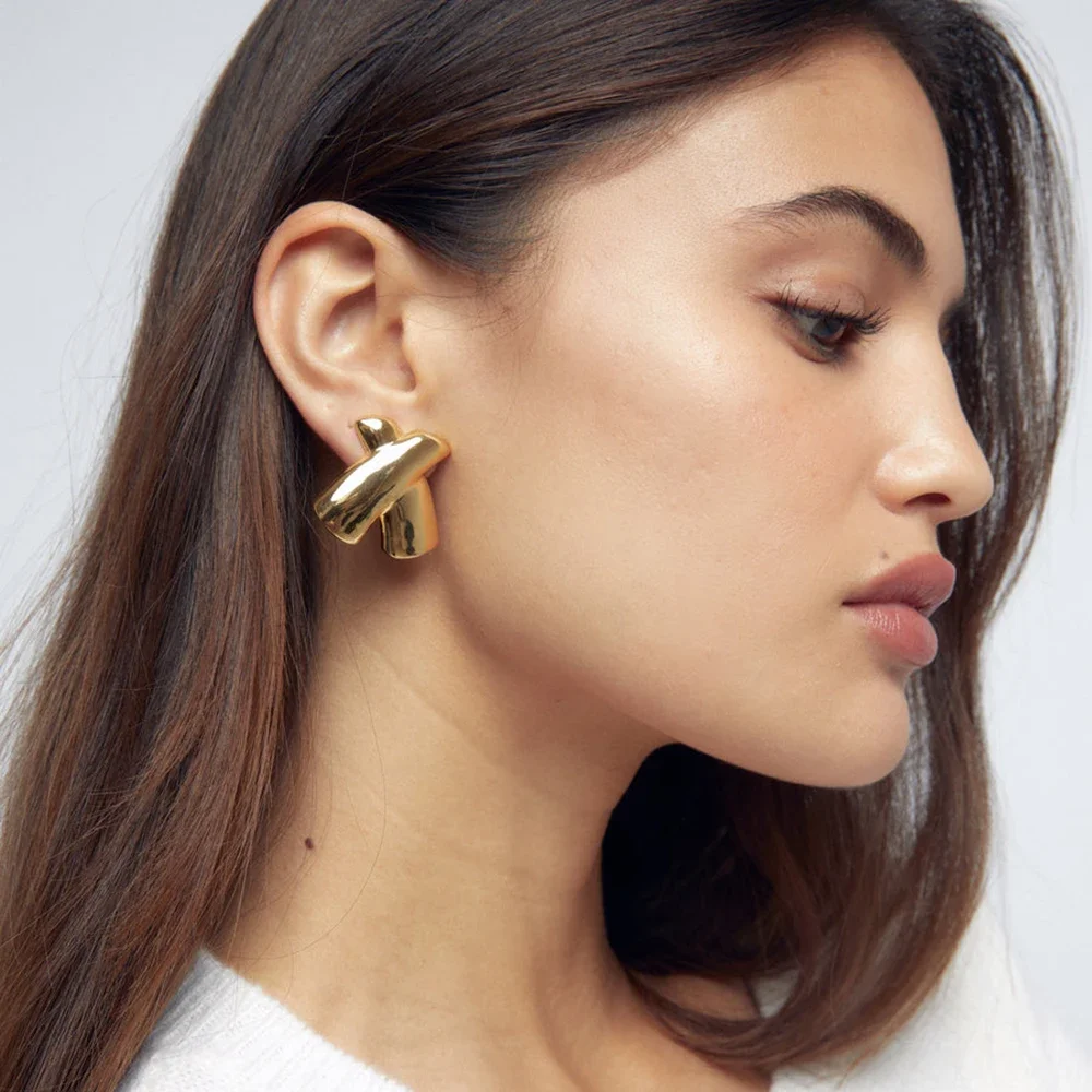 Punk Gold Color Smooth Cross Chunky Earrings for Women Thick X-shape Lightweight Statement Drop Earring Fashion Jewelry Gifts