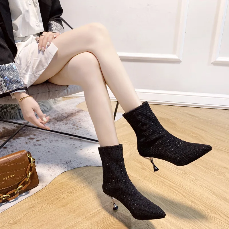 

NewAutumn Bright Diamond High Heel Women's Shoes Pointed Toe Stiletto Boots Black Stretch Thin Socks Boots Marti Botas De Mujer