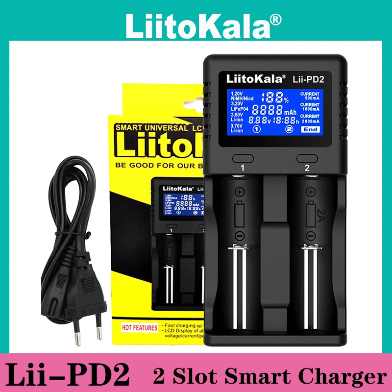 

Liitokala Lii-PD4 Lii-PD2 LCD 3.7V/1.2V NiMH 18650 18350 18500 21700 20700 26650 Recharge Lithium Battery Charger