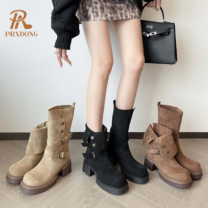 PRXDONG 2024 новые брендовые женские ботинки до середины икры из натуральной кожи