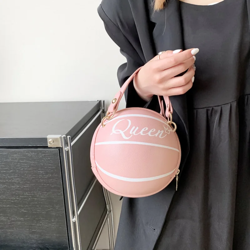 Basketball Round Women's Shoulder Bag 2023 Trend Personality Cartoon Small Handbag Leather Letter Printed Unique Cute Female Bag
