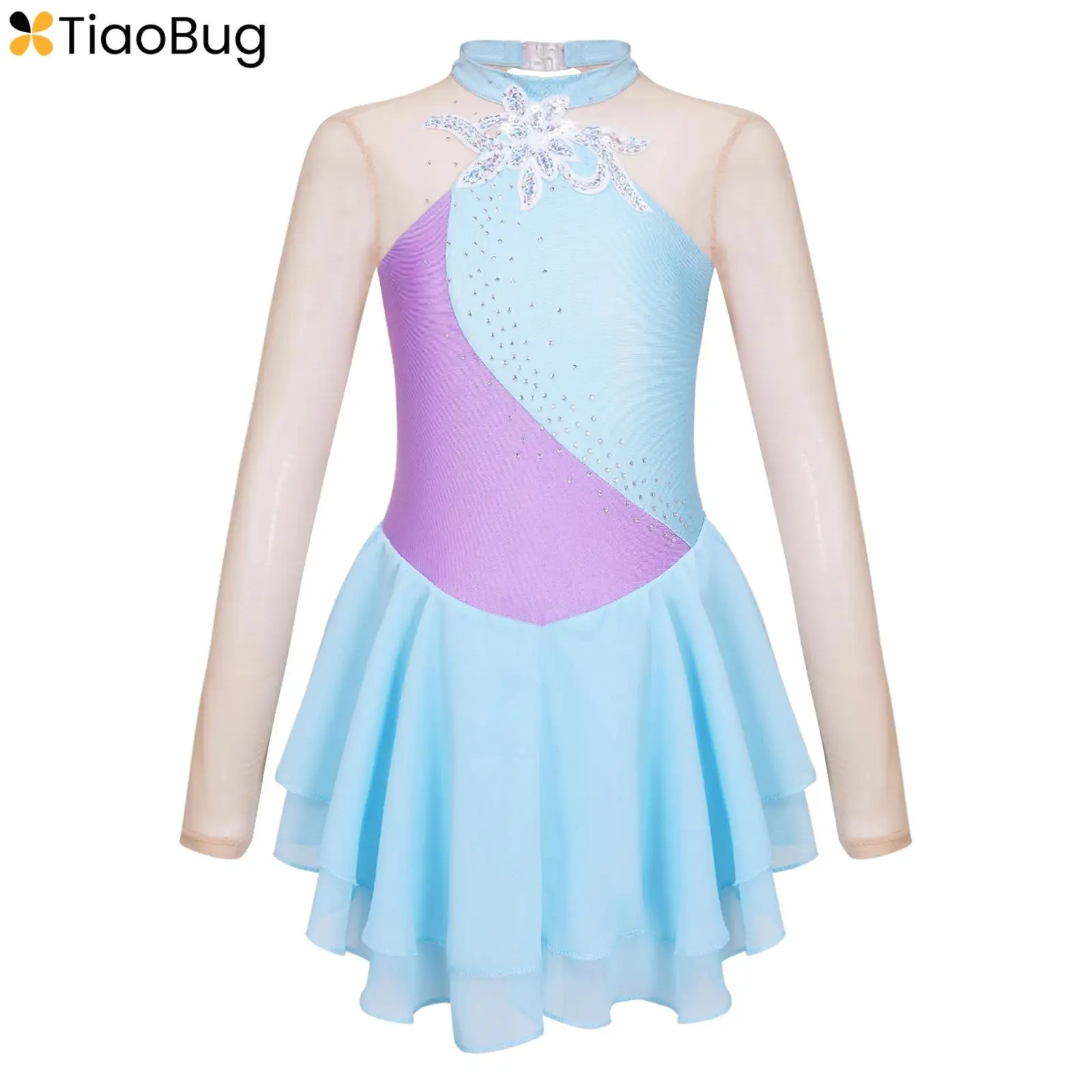 

Kids Girls Rhinestone Mesh Long Sleeve Figure Ice Skating Ballet Dance Dress Competition Costume Tutu Skirt Leotard Gymnastic