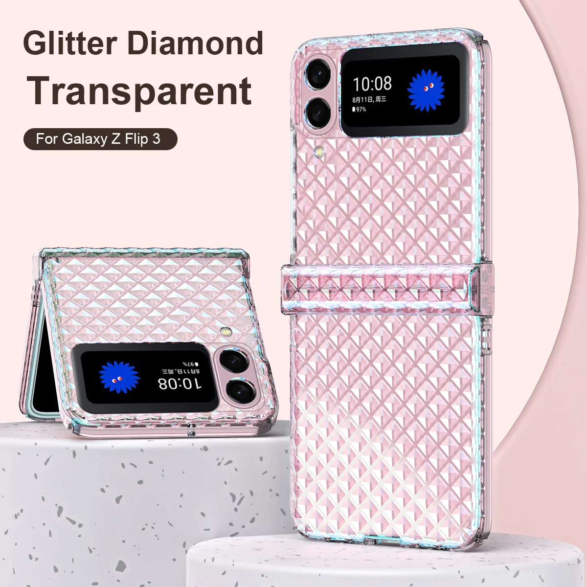 

Colorful Clear Glitter Diamond Phone Case For Samsung Galaxy Z Flip 3 Transparent Acrylic PC Camera Protection Cover Flip 3 5G