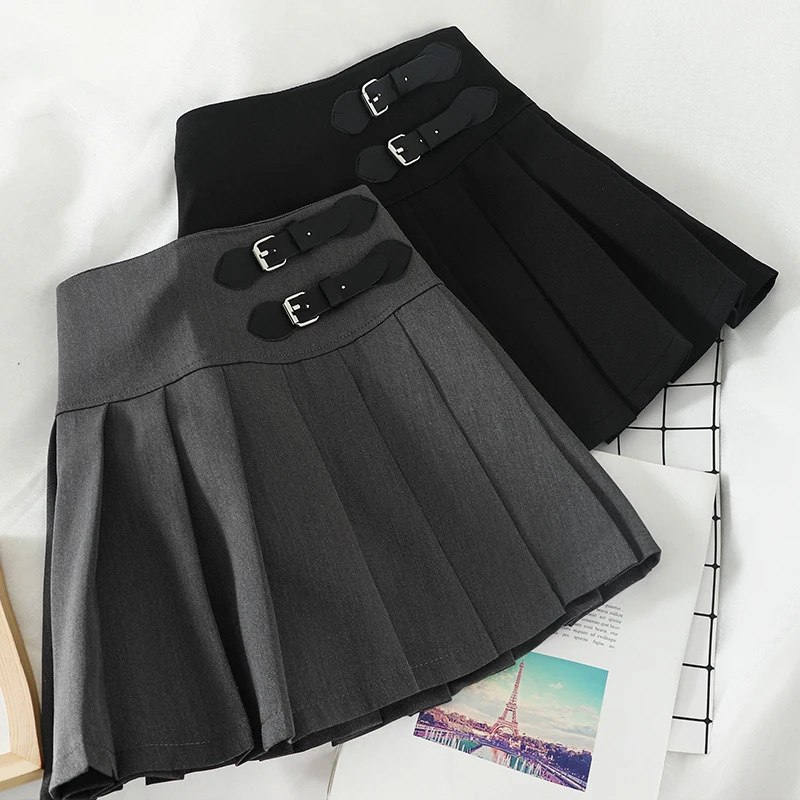 

ITOOLIN 2022 Autumn Women Skirts Grey Pleated Mini Skirts Preppy A-line Mini Wide Leg High Waist Harajuku Skirts For Women