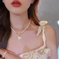 luxury heart pendant vintage pearl necklace ladies elegant charm french romantic style clavicle chain memorial gift